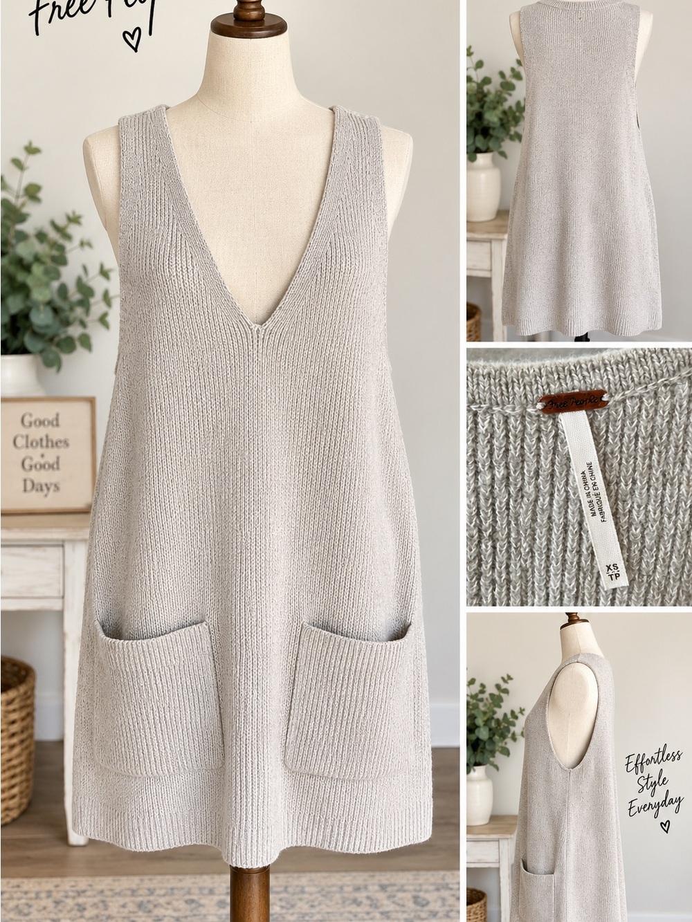 Free People Silver Gray V-Neck Knit Pocket Mini Dress